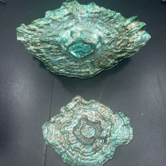 Beautiful Oyster Abalone Art Glass Dish Iridescent Bowl Platter Clam Shell Set
